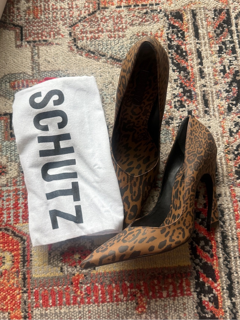 SCHUTZ Leopard Print Tan and Black Pointed Toe Pumps - Picture 4 of 5